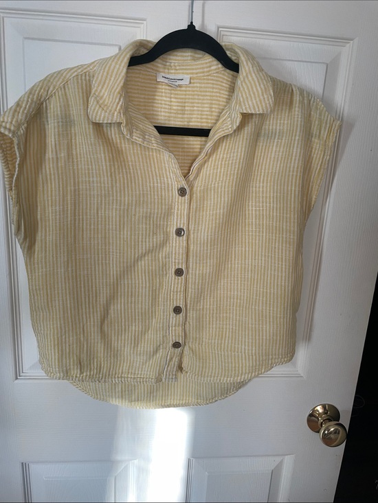 beachlunchlounge Tops - Beach lunch lounge Light Yellow Striped Button-Front Women’s Top small